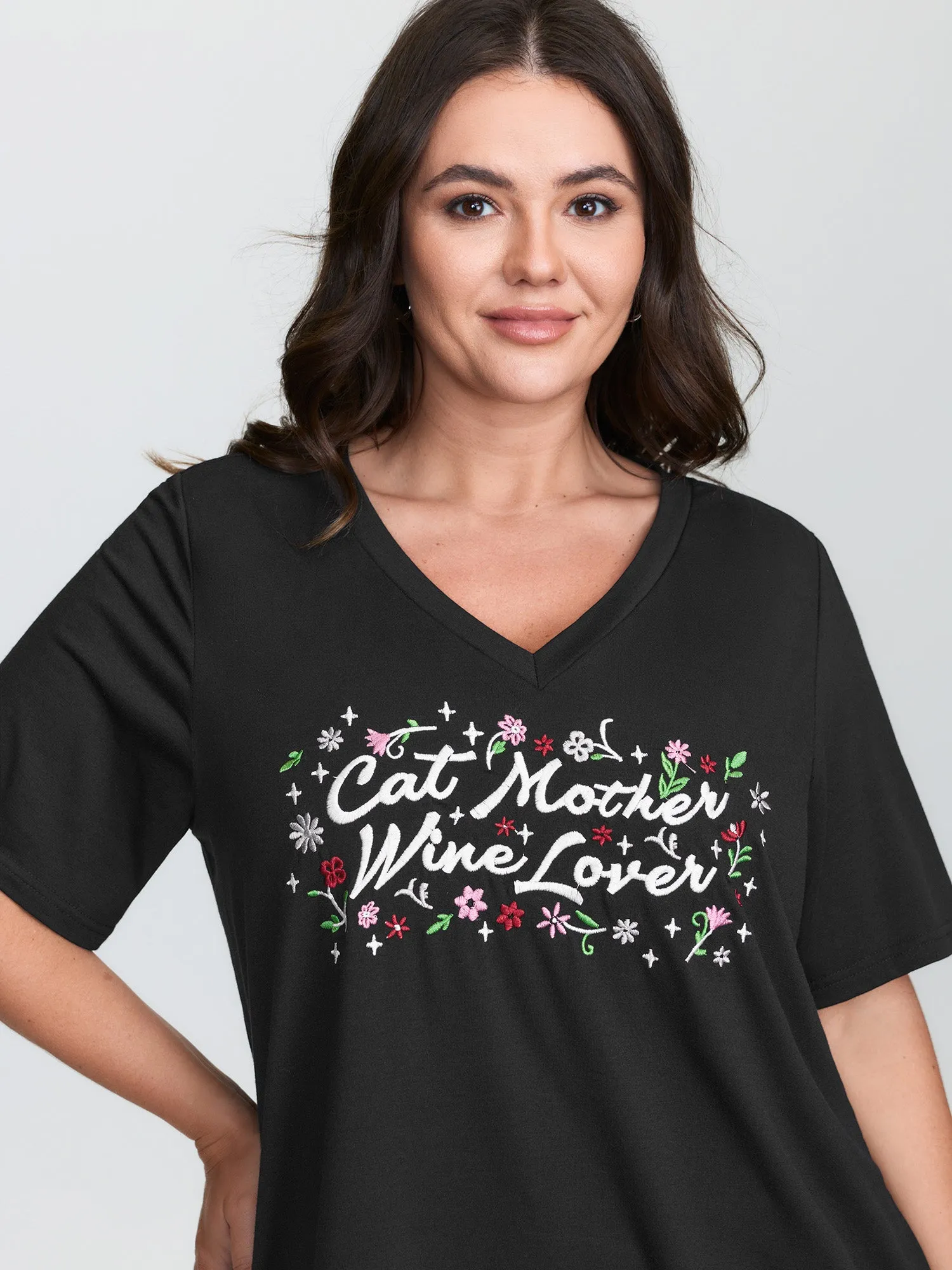 Cat Mother Motif Embroidery T-Shirt sold by Bloomchic