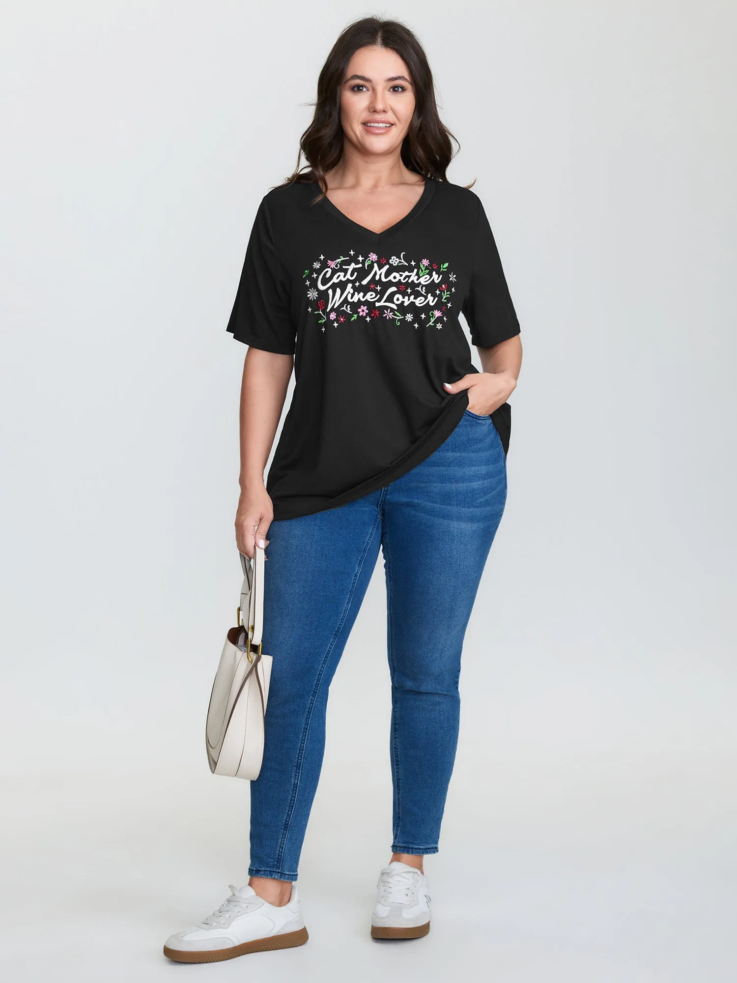 Cat Mother Motif Embroidery T-Shirt sold by Bloomchic product image thumbnail 3