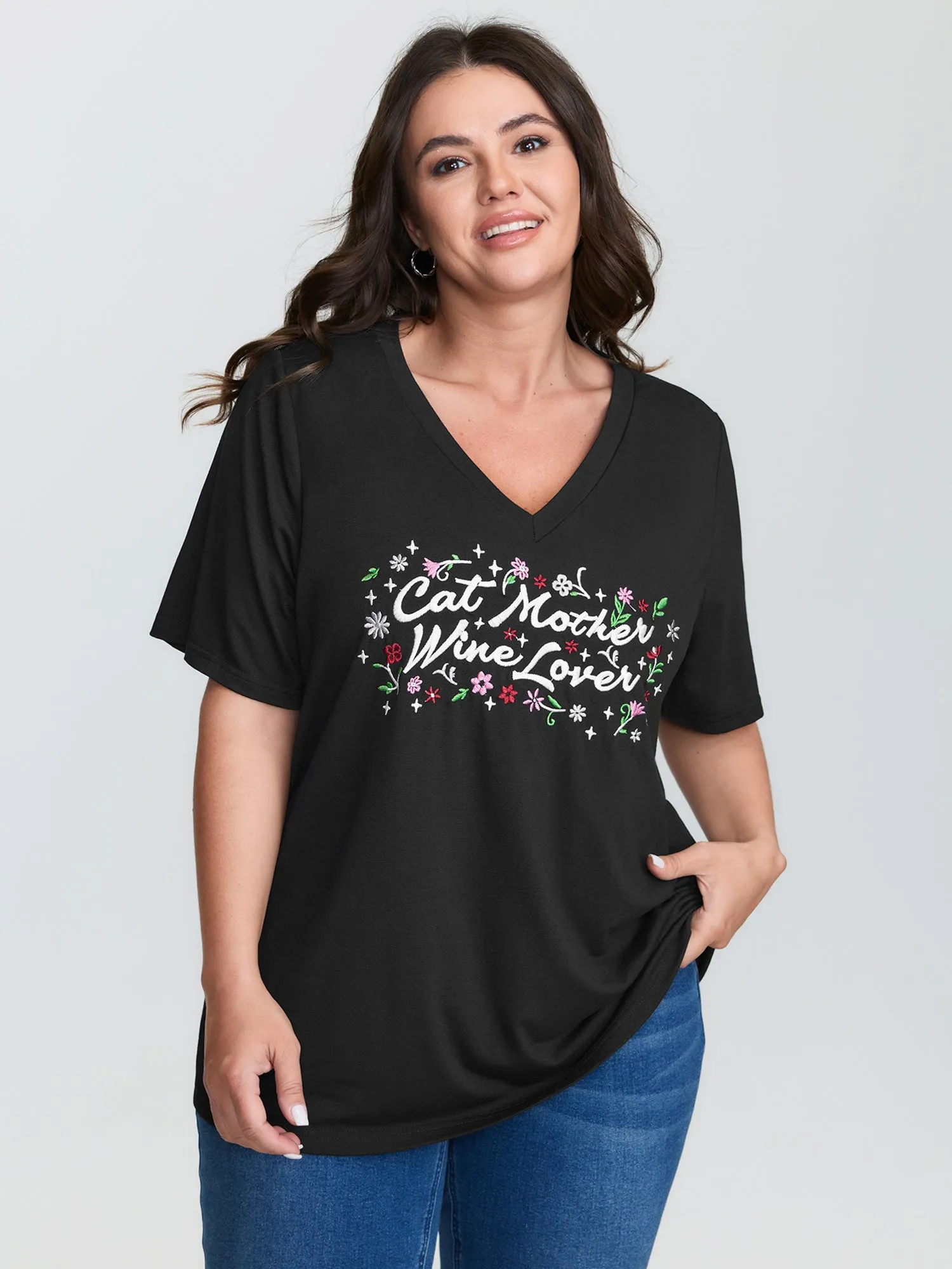 Cat Mother Motif Embroidery T-Shirt sold by Bloomchic product image thumbnail 2