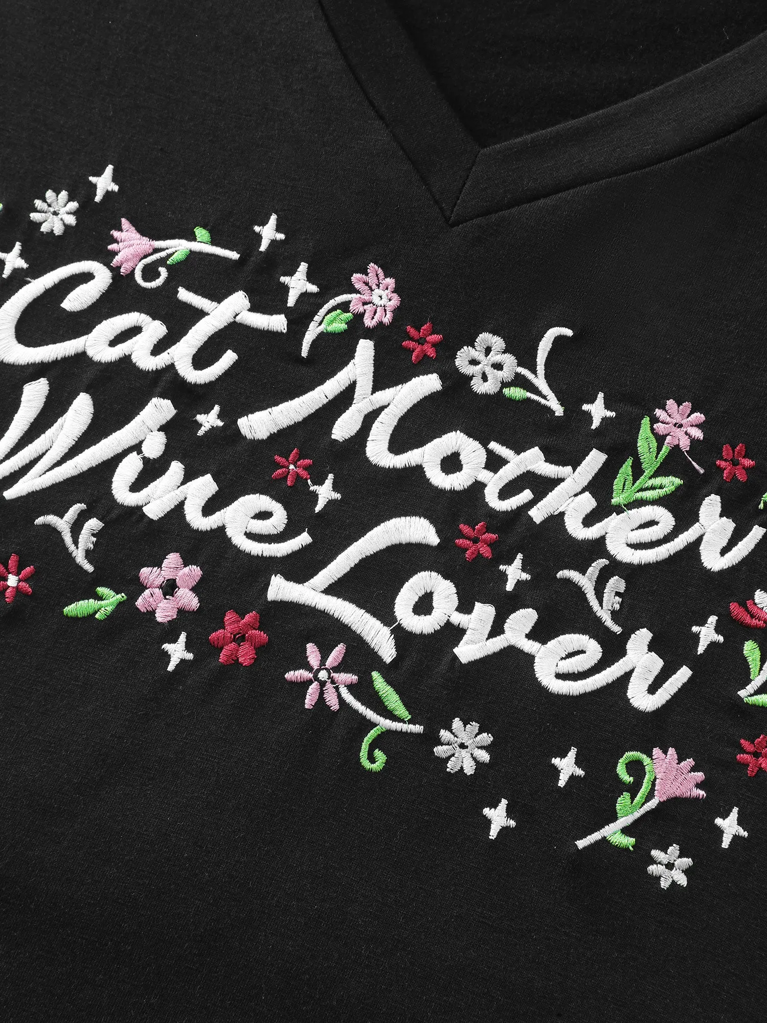 Cat Mother Motif Embroidery T-Shirt sold by Bloomchic product image thumbnail 5