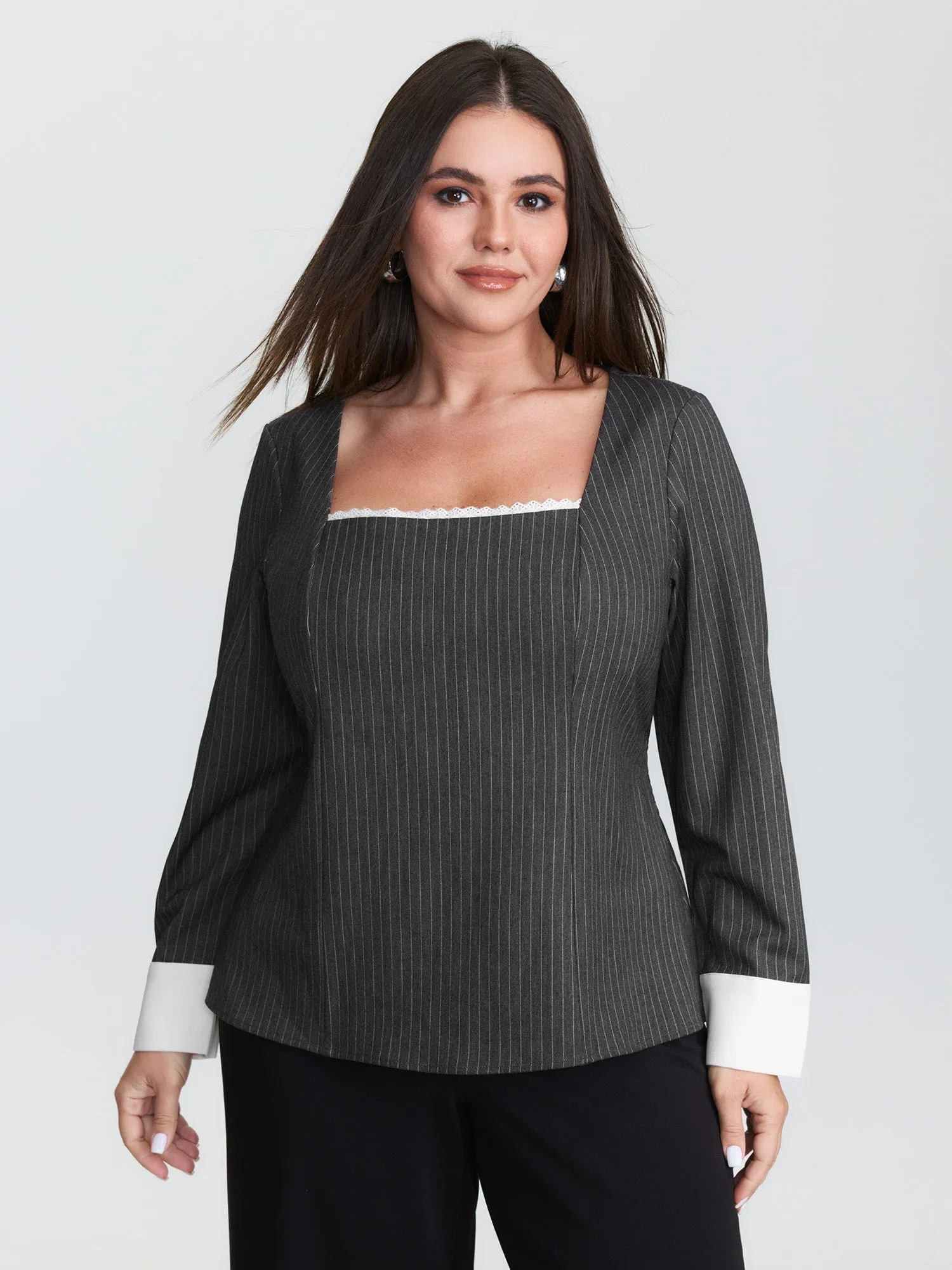 Lace Trim Neckline Shirred Blouse sold by Bloomchic