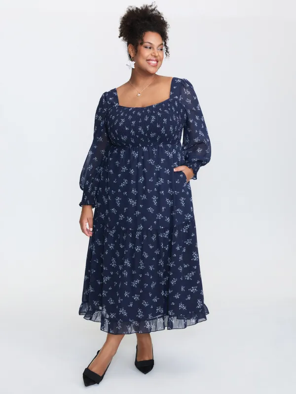 Floral Print Shirred Bodice Sheer Midi Dress sold by Bloomchic