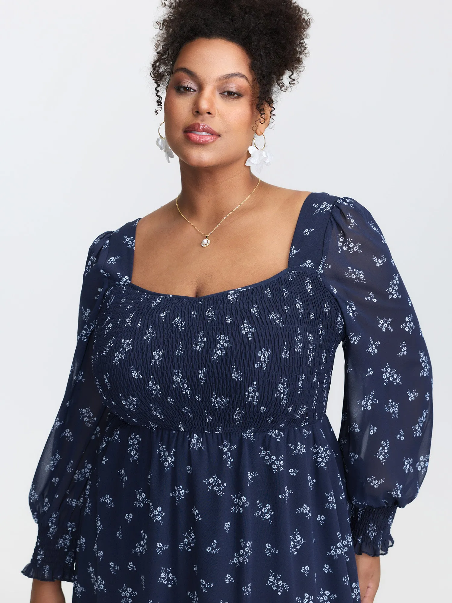 Floral Print Shirred Bodice Sheer Midi Dress sold by Bloomchic product image thumbnail 4