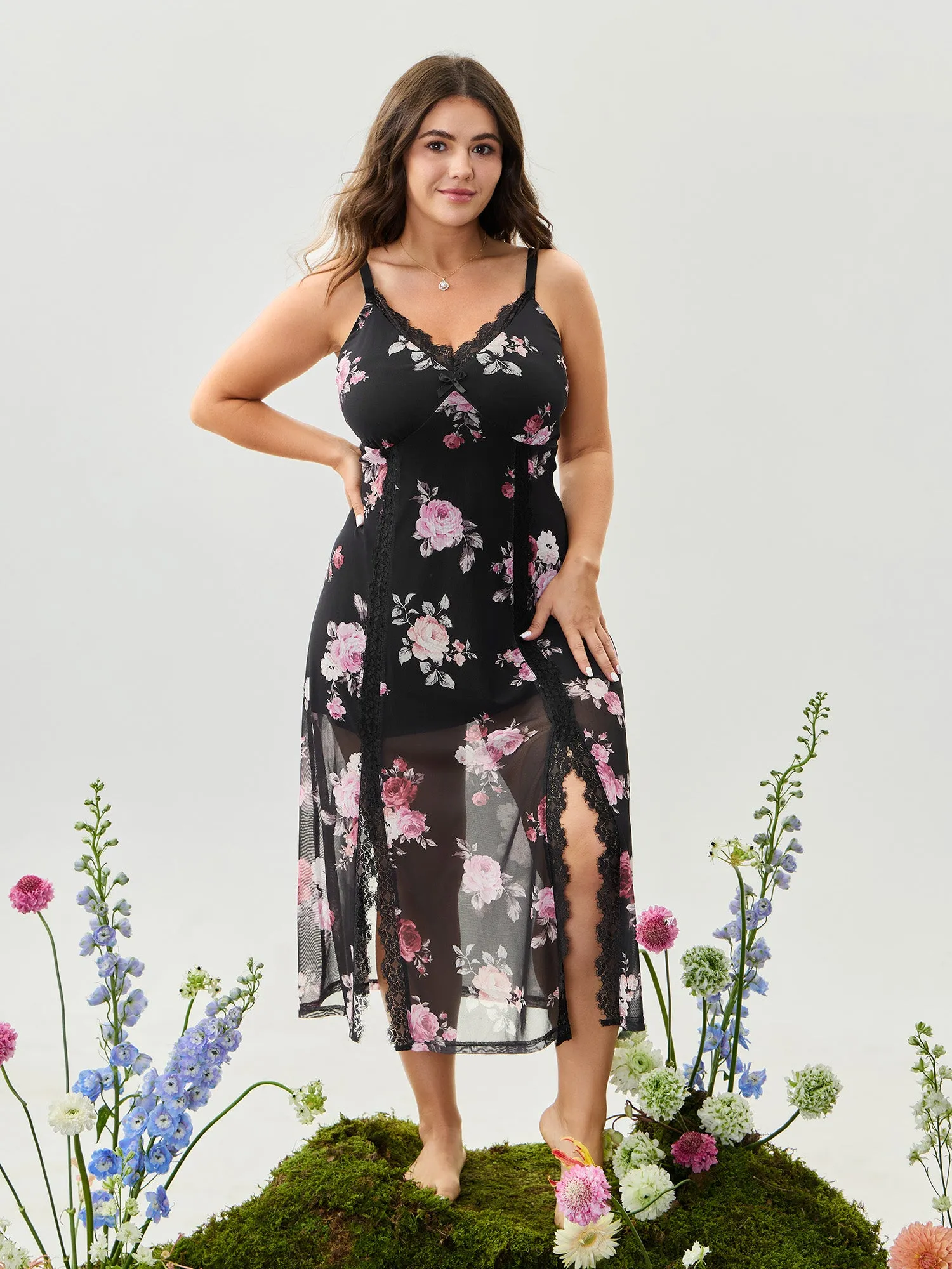 Romantic Floral Print High Slit Sleep Dress sold by Bloomchic