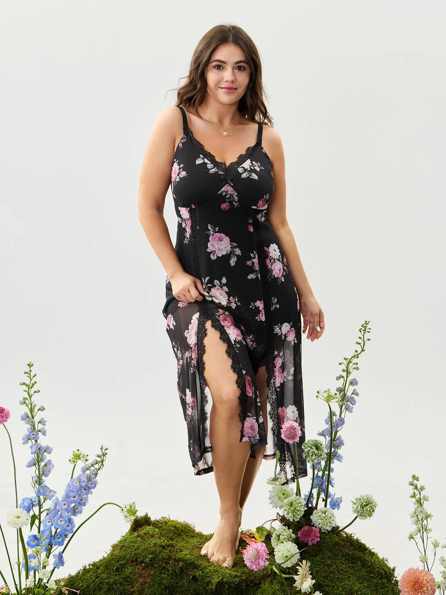 Romantic Floral Print High Slit Sleep Dress sold by Bloomchic product image thumbnail 2