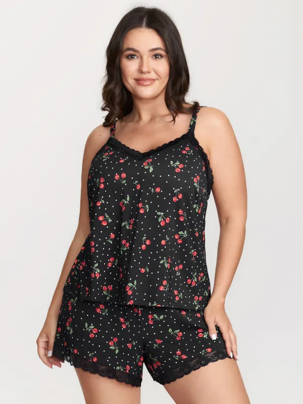 Supersoft Cherry Print Lace Trim Pockets Lounge Set sold by Bloomchic