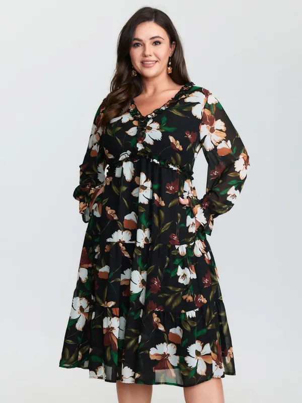 Tropical Floral Print Ruffled Neckline Midi Dress sold by Bloomchic