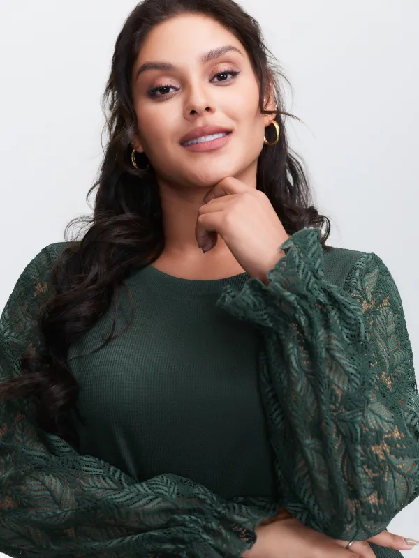 Lace Shirred Cuff Sleeve Sweatshirt sold by Bloomchic