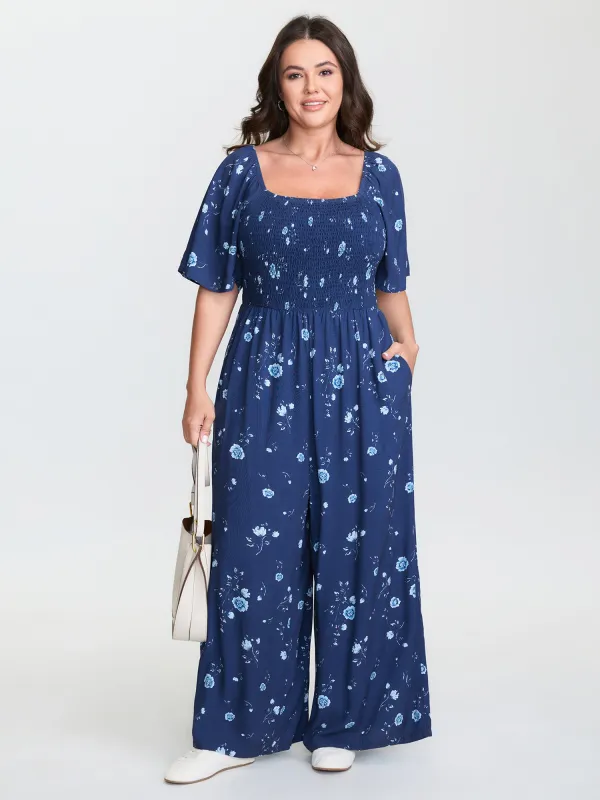 Breezy Floral Print Shirred Bodice Jumpsuit sold by Bloomchic
