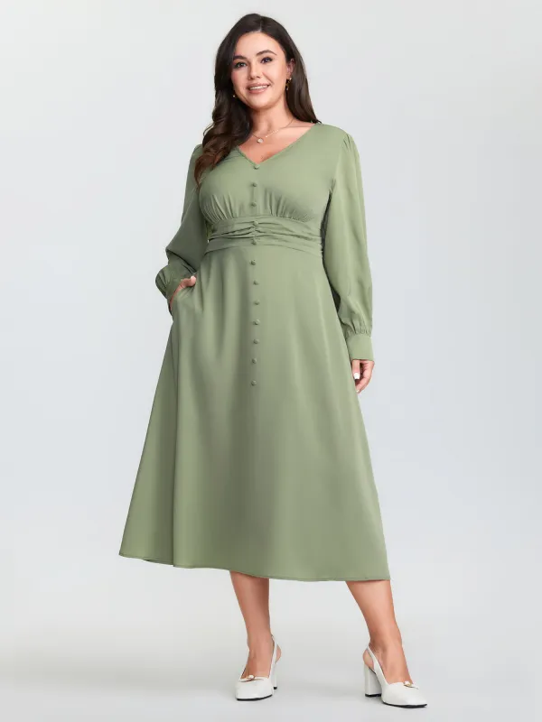 Pleated Waist Deep V-Neck Midi Dress sold by Bloomchic