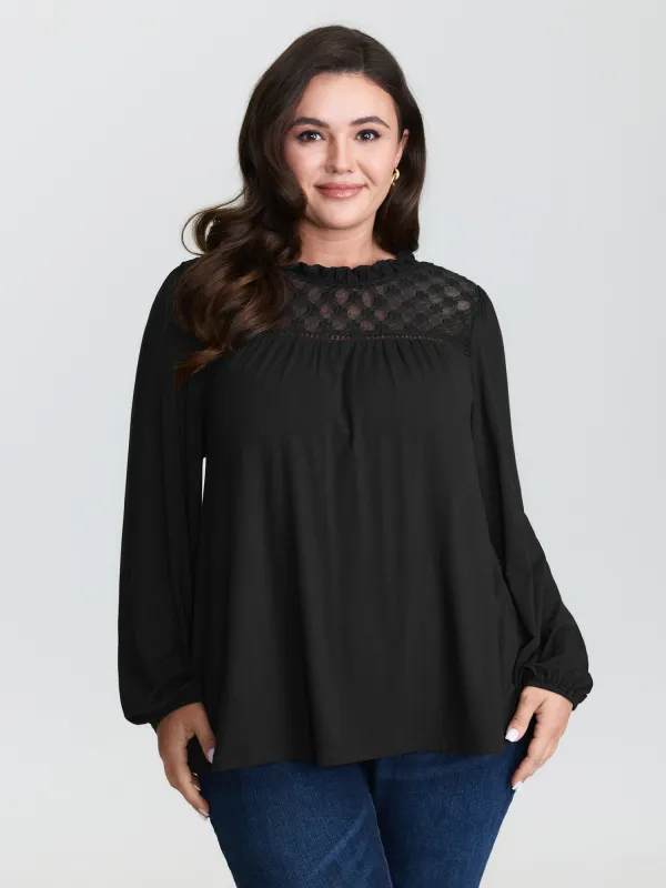 Checkered Mesh Ruffled Neckline Knit Top sold by Bloomchic