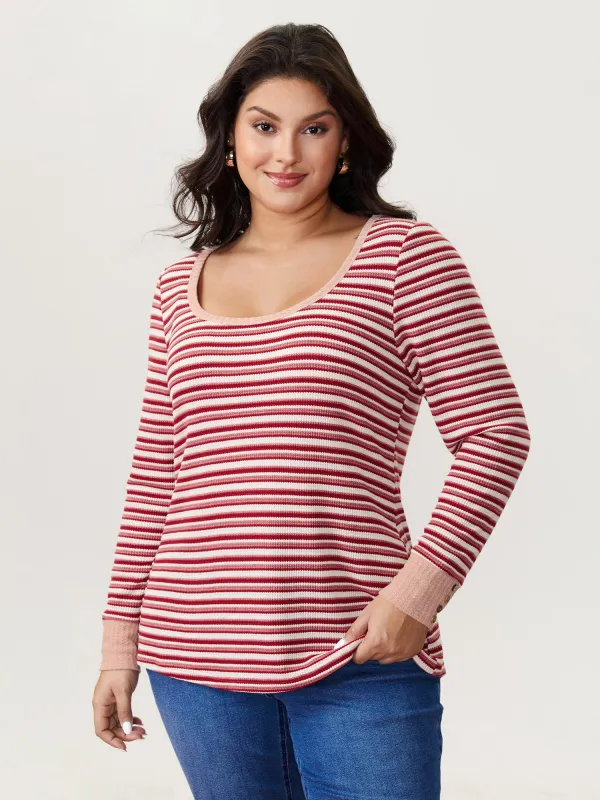 Striped Ribbed Scoop Button T-Shirt sold by Bloomchic