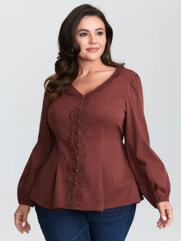 Lace Trim Cinched-Flared Blouse sold by Bloomchic