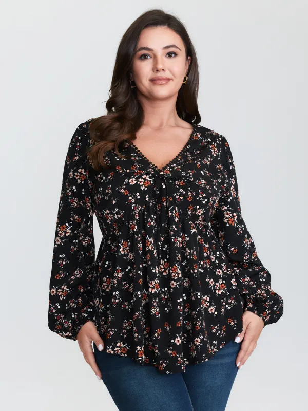 Floral Print Lace Cinched-Flared Blouse sold by Bloomchic