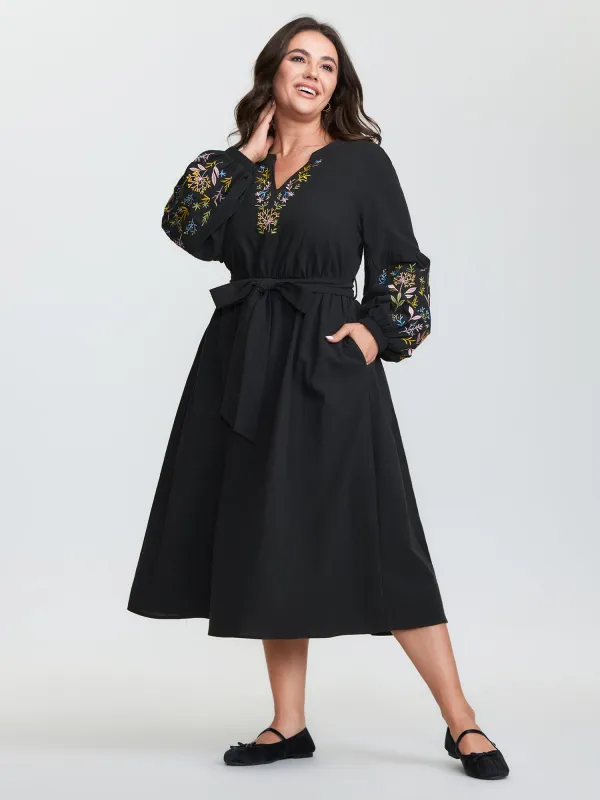 Cotton Floral Embroidery Belted Midi Dress sold by Bloomchic