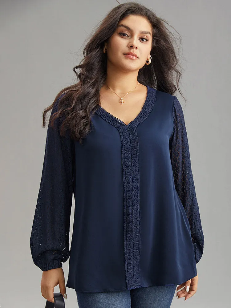 V Neck Guipure Lace Lantern Sleeve Blouse sold by Bloomchic