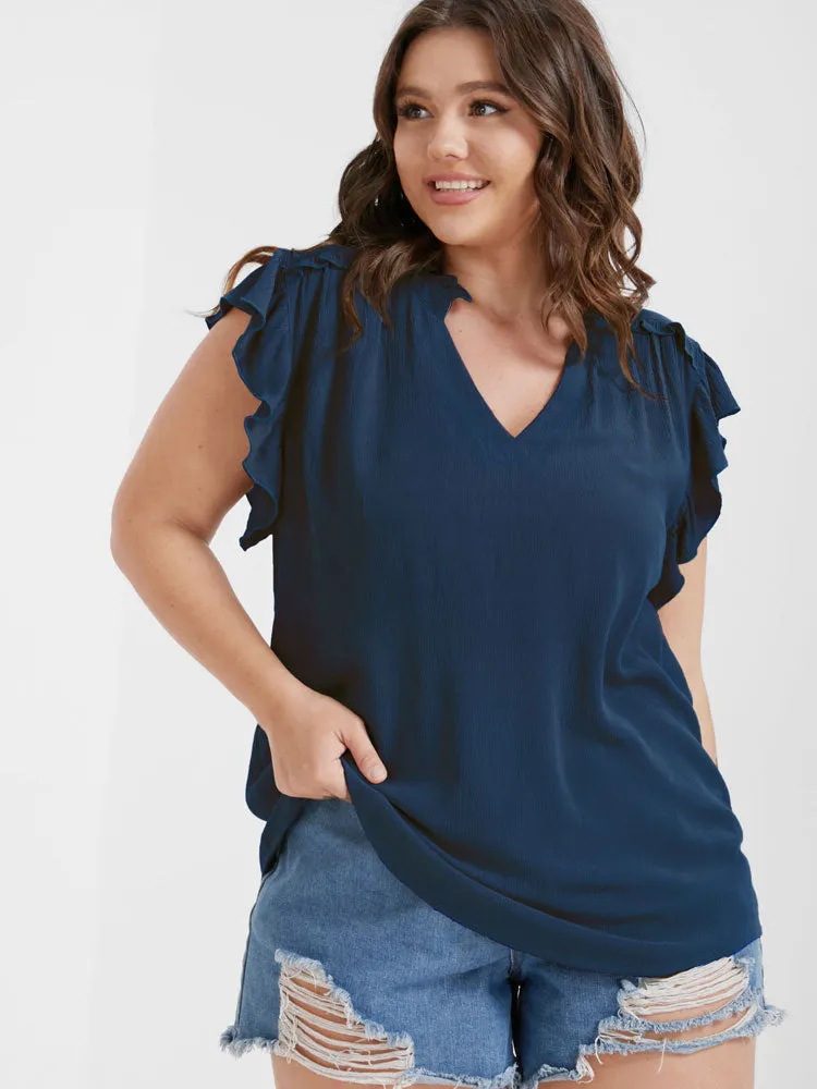 Solid V Neck Ruffles Sleeve Blouse sold by Bloomchic