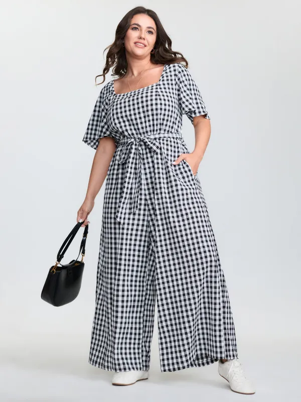 Checkered Print Pockets Waist-Tie Jumpsuit sold by Bloomchic