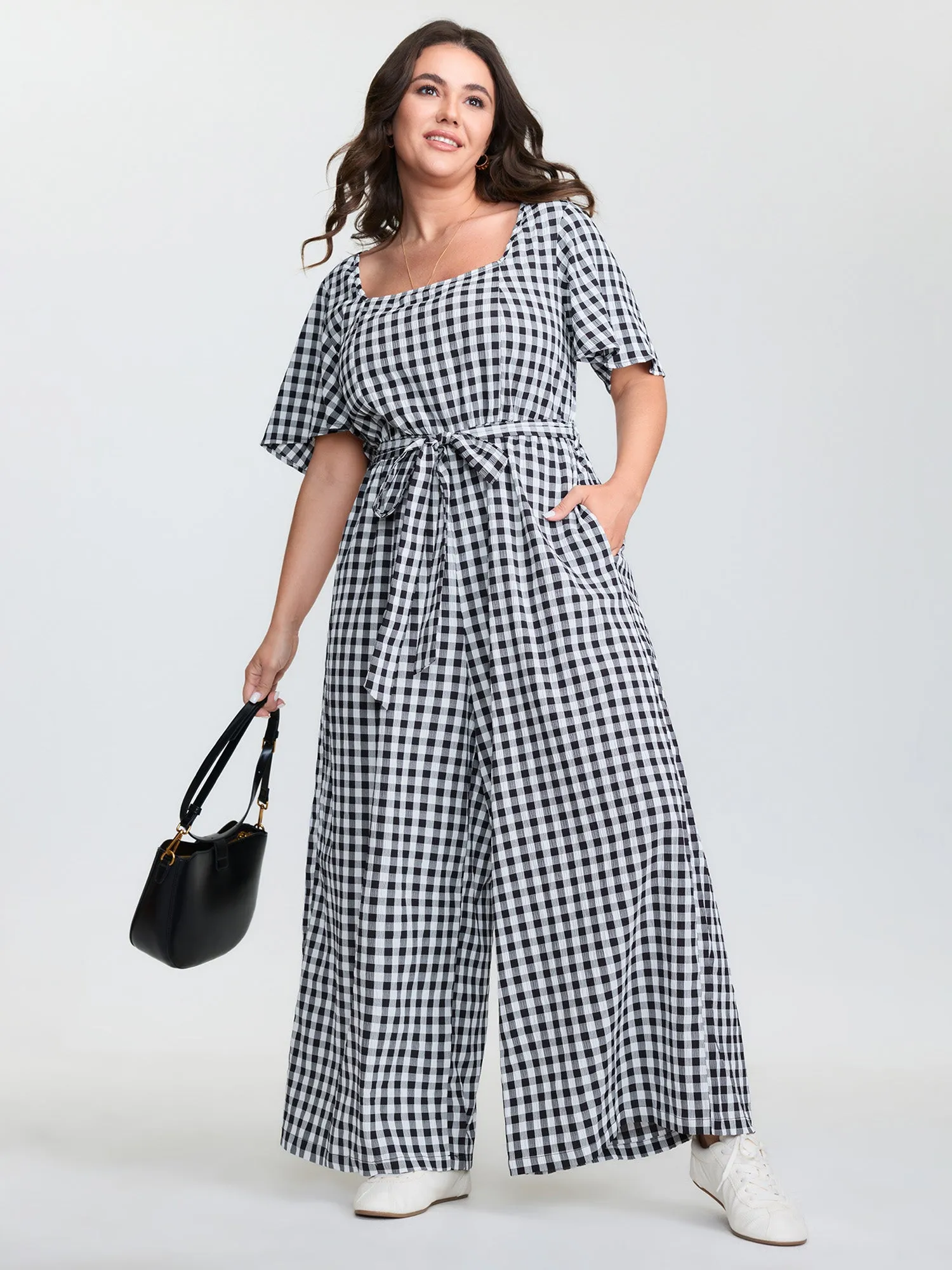 Checkered Print Pockets Waist-Tie Jumpsuit sold by Bloomchic