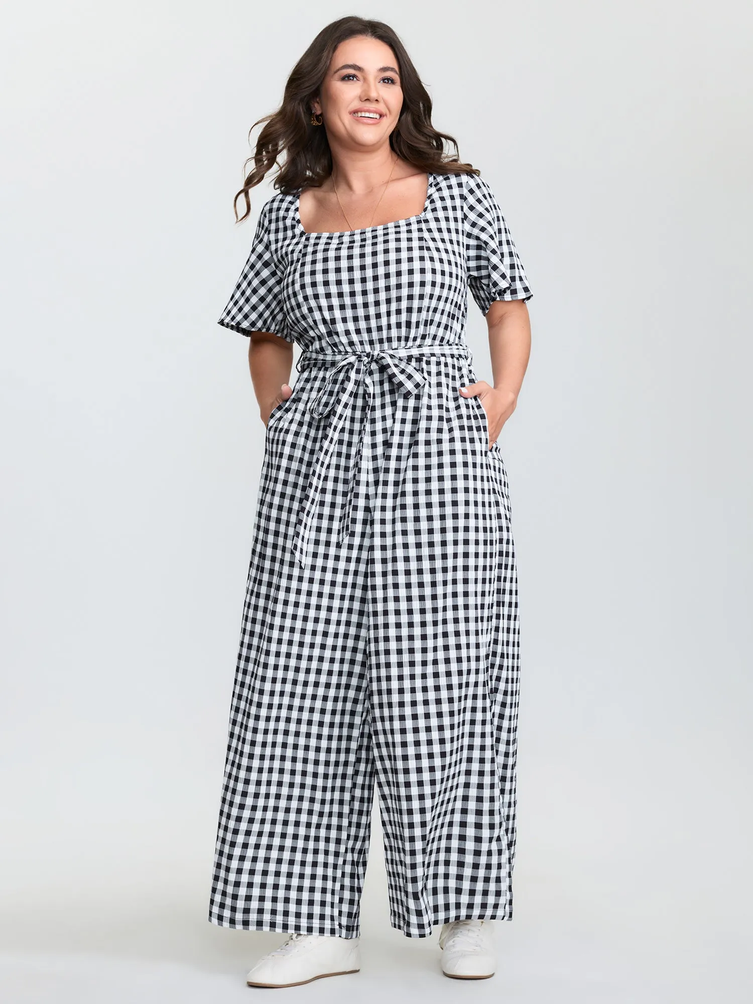 Checkered Print Pockets Waist-Tie Jumpsuit sold by Bloomchic product image thumbnail 3