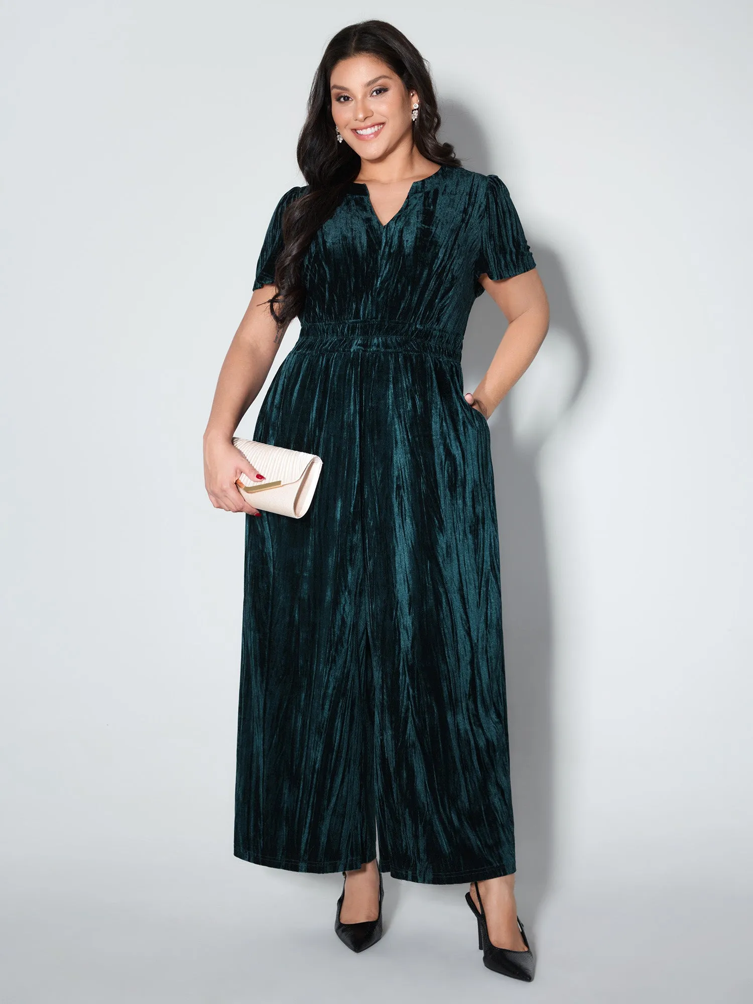 Velvet Pleated Waist Notched-Collar Jumpsuit sold by Bloomchic