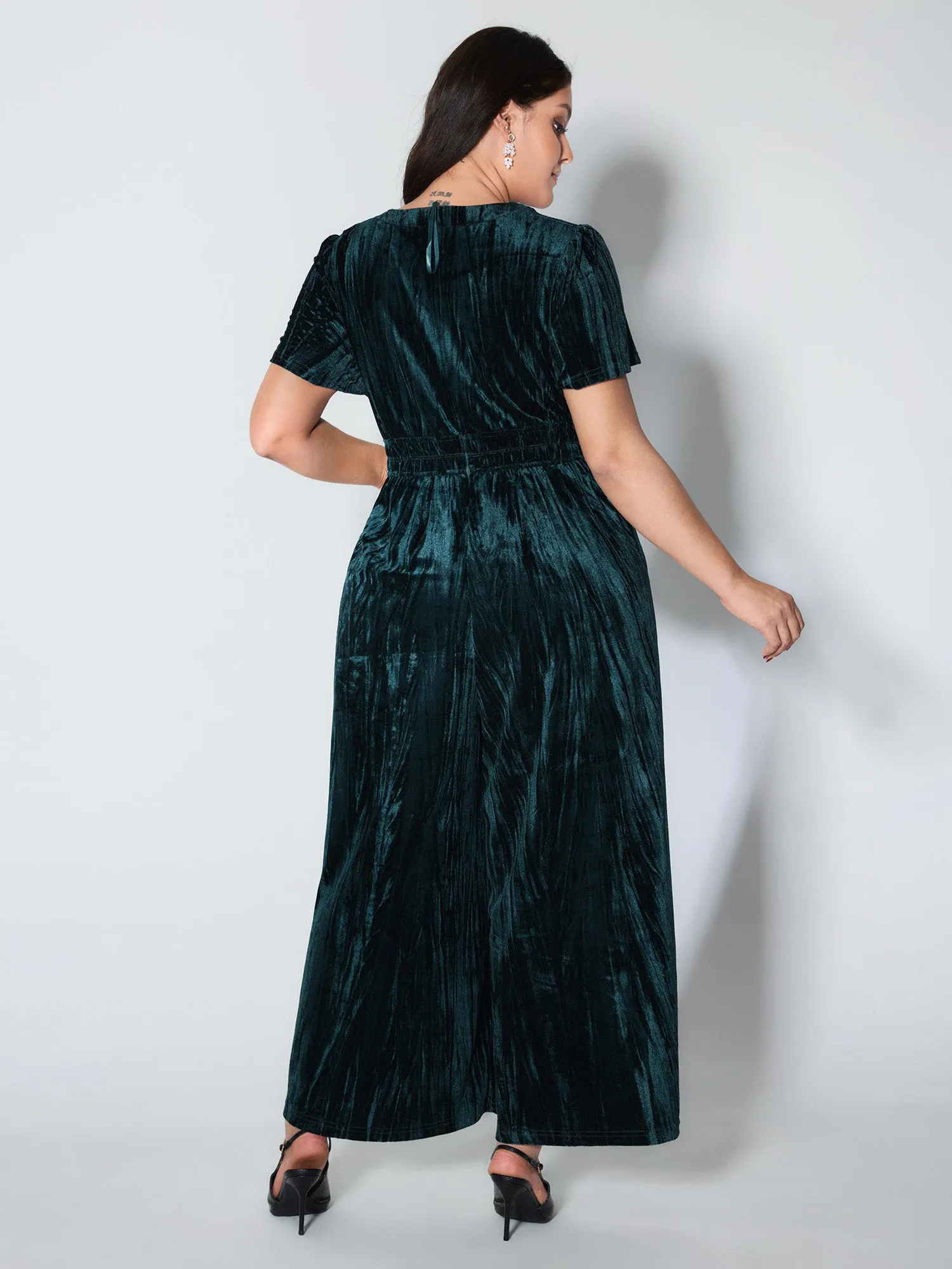 Velvet Pleated Waist Notched-Collar Jumpsuit sold by Bloomchic product image thumbnail 5