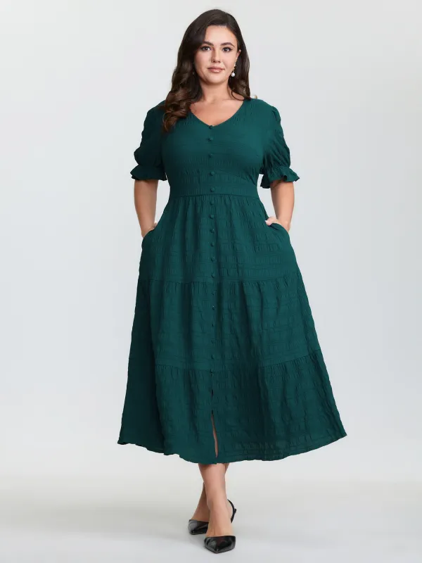 Textured Triangular Cinched-Waist Tiered Maxi Dress made by Bloomchic