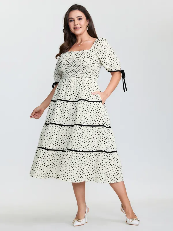 Little Heart Print Shirred Contrast Tie Midi Dress sold by Bloomchic