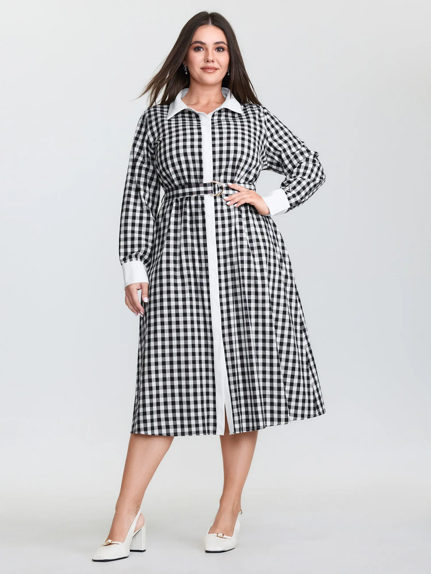 Checkered Pattern Color Contrast Shirt Midi Dress sold by Bloomchic product image thumbnail 4