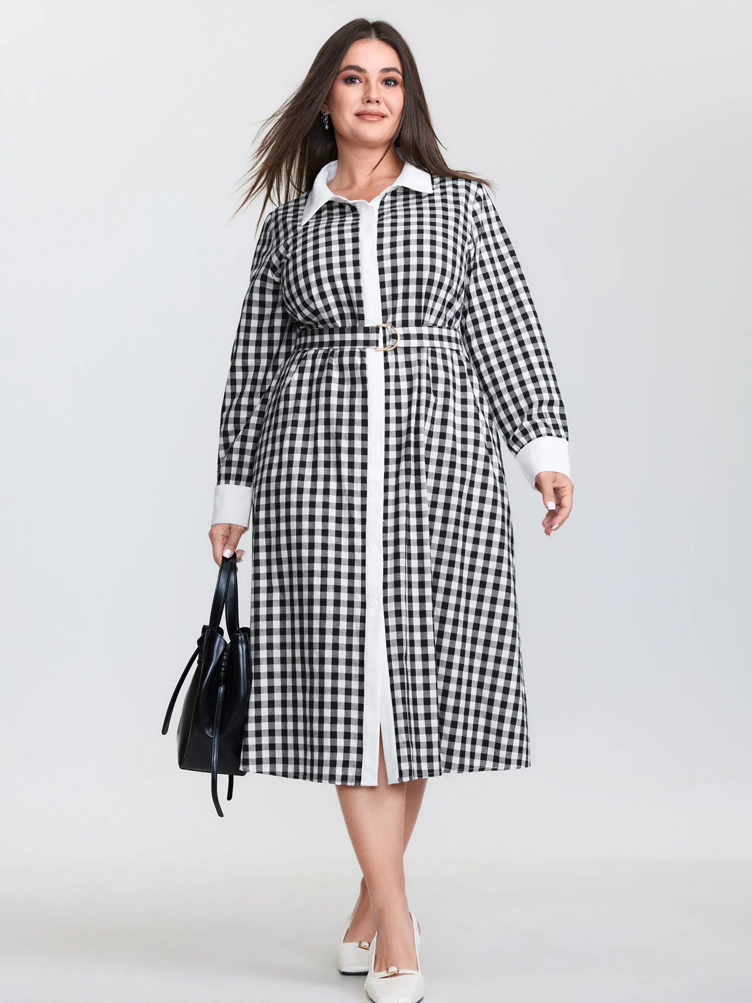 Checkered Pattern Color Contrast Shirt Midi Dress sold by Bloomchic