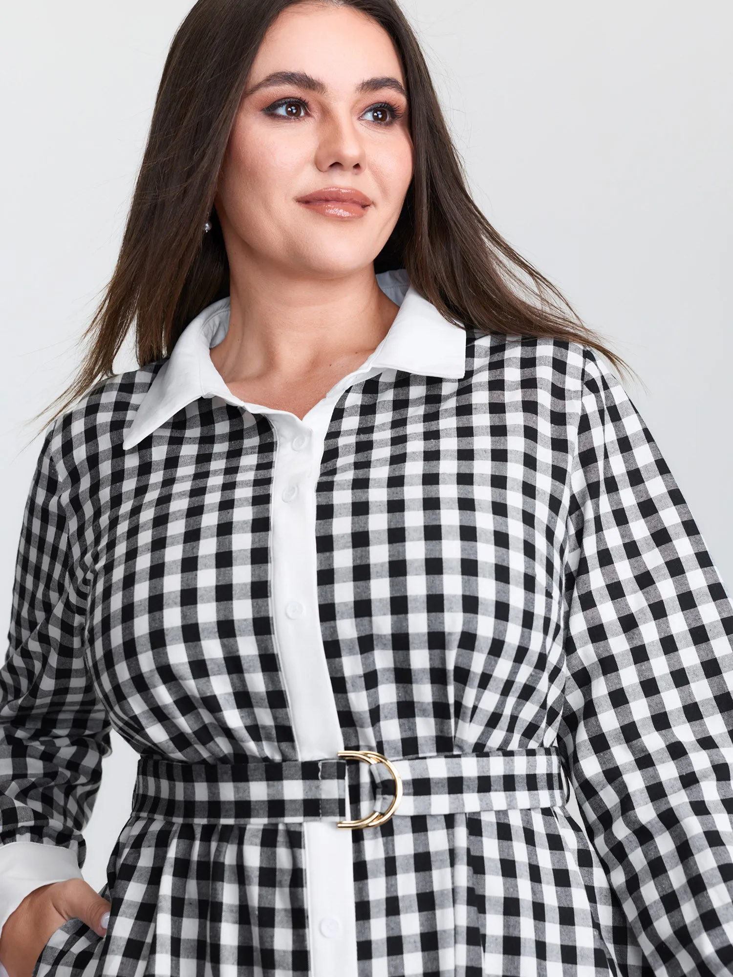 Checkered Pattern Color Contrast Shirt Midi Dress sold by Bloomchic product image thumbnail 2
