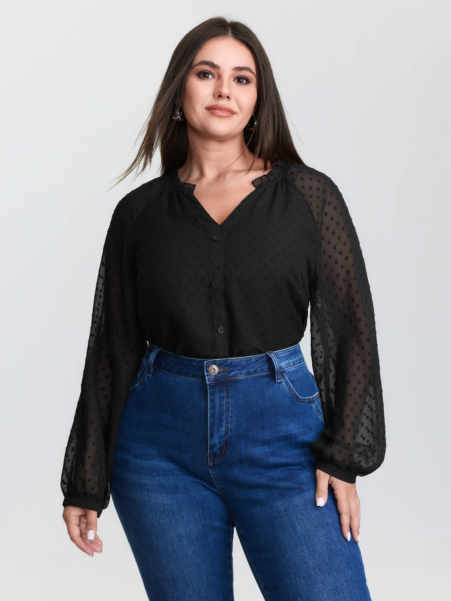 Sheer Textured Sleeve Ruffled Neckline Blouse sold by Bloomchic product image thumbnail 2