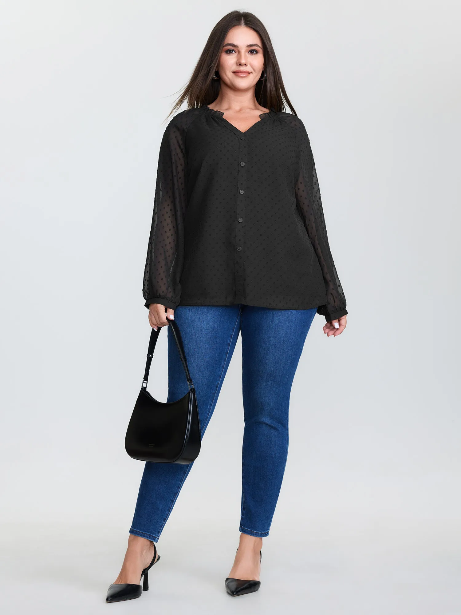 Sheer Textured Sleeve Ruffled Neckline Blouse sold by Bloomchic product image thumbnail 4
