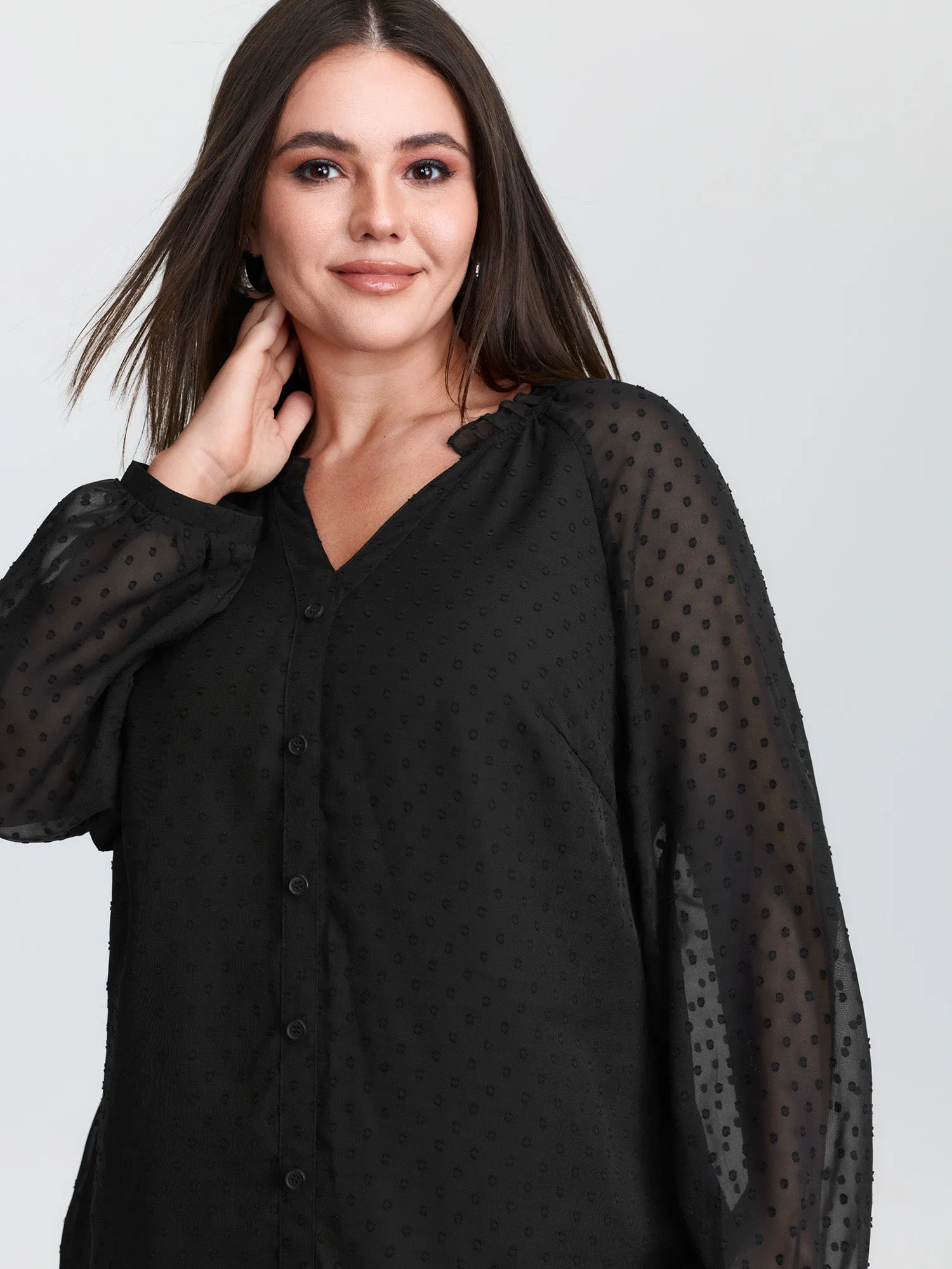 Sheer Textured Sleeve Ruffled Neckline Blouse sold by Bloomchic product image thumbnail 3