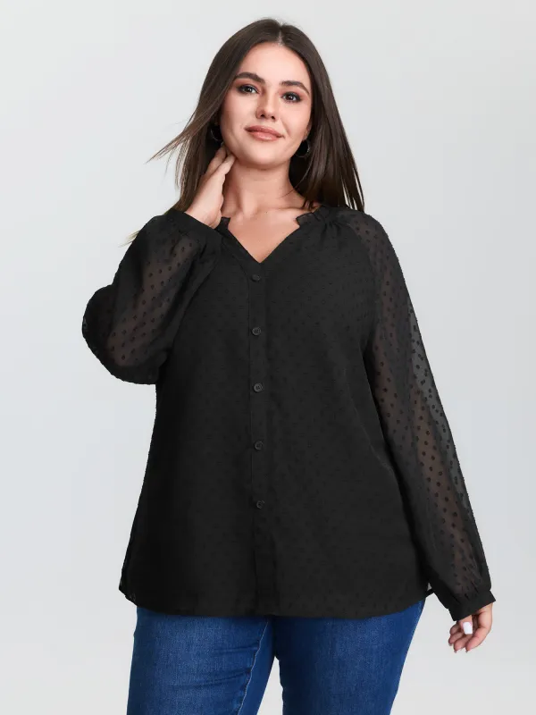 Sheer Textured Sleeve Ruffled Neckline Blouse sold by Bloomchic
