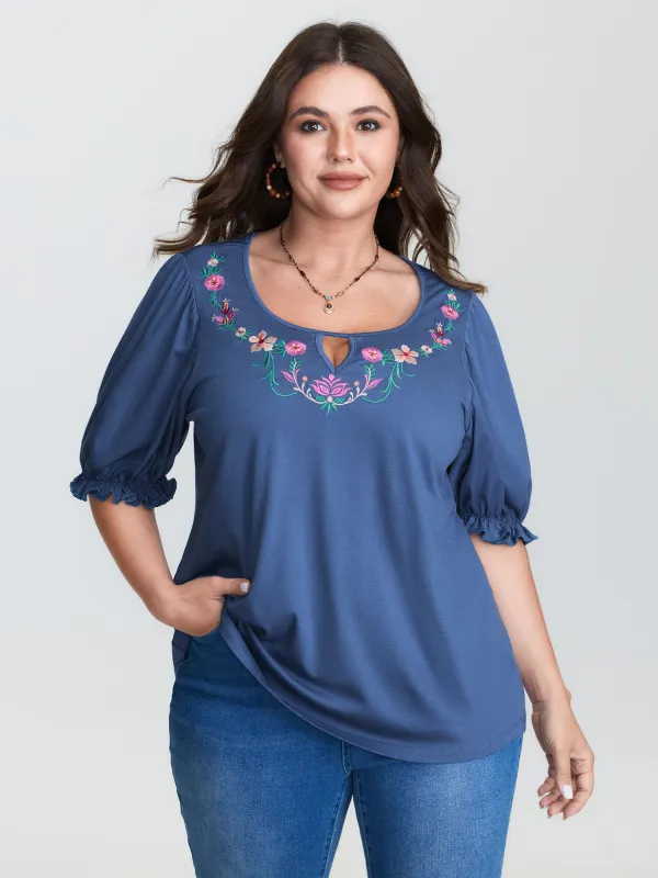 Colorful Floral Embroidered Neckline T-Shirt sold by Bloomchic