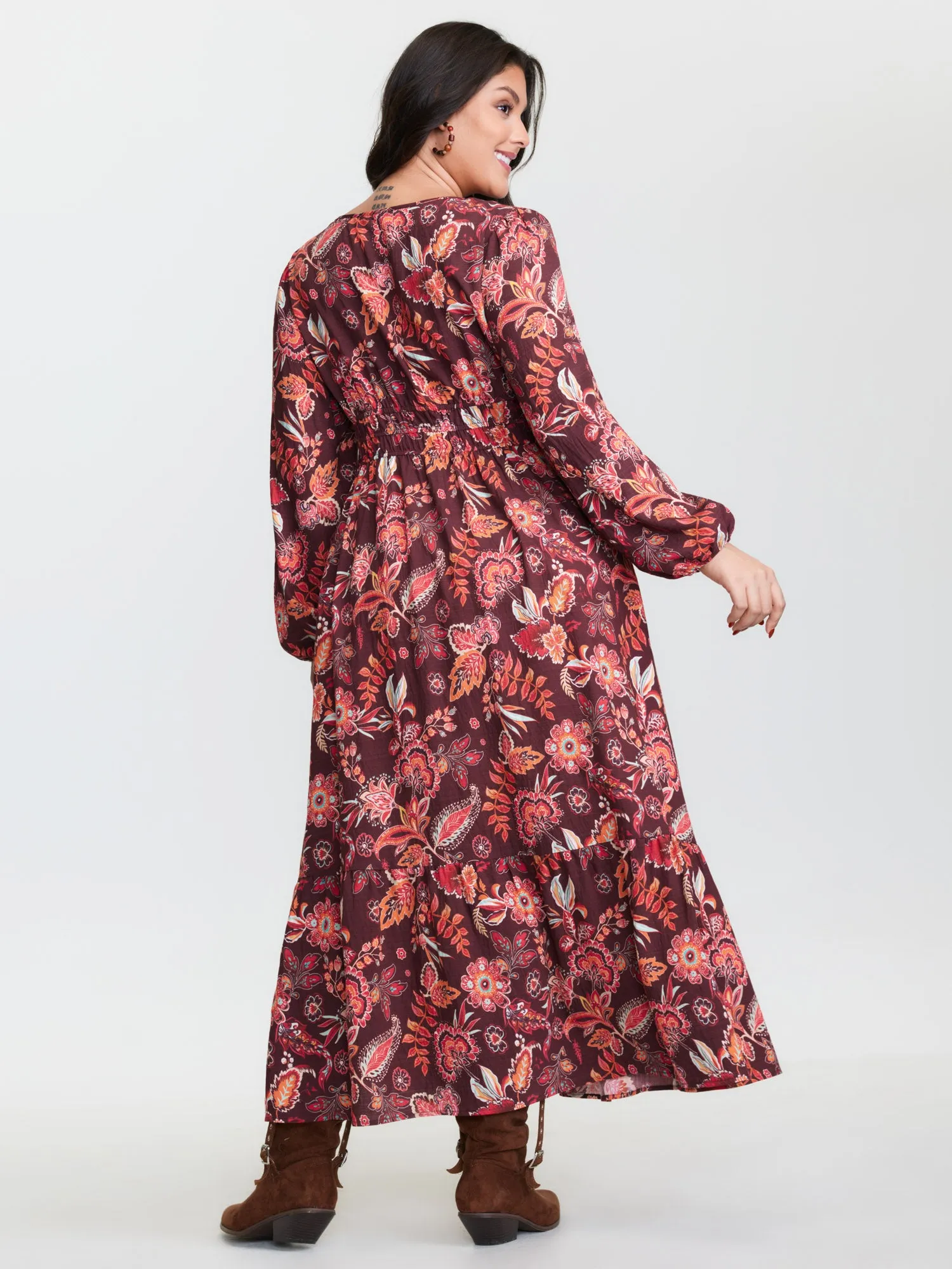 Boho Floral Print Cinched-Waist Maxi Dress sold by Bloomchic product image thumbnail 5