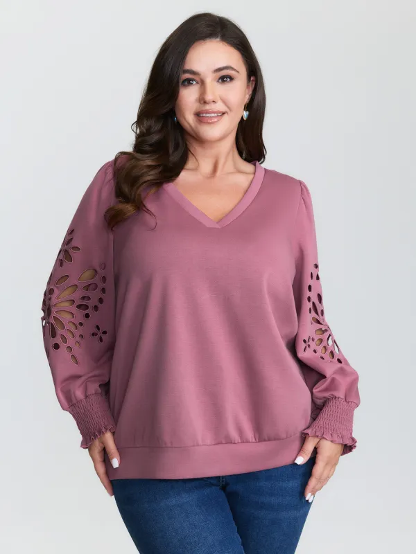 Cut-Out Embroidered Sleeve Rayon Sweatshirt sold by Bloomchic