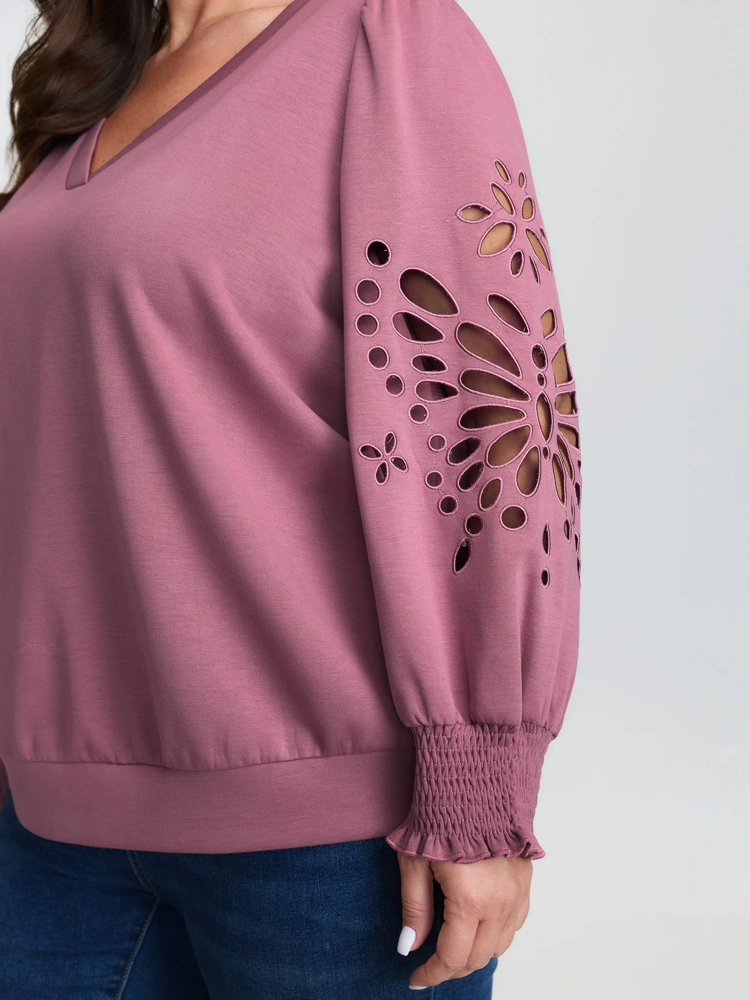 Cut-Out Embroidered Sleeve Rayon Sweatshirt sold by Bloomchic product image thumbnail 4