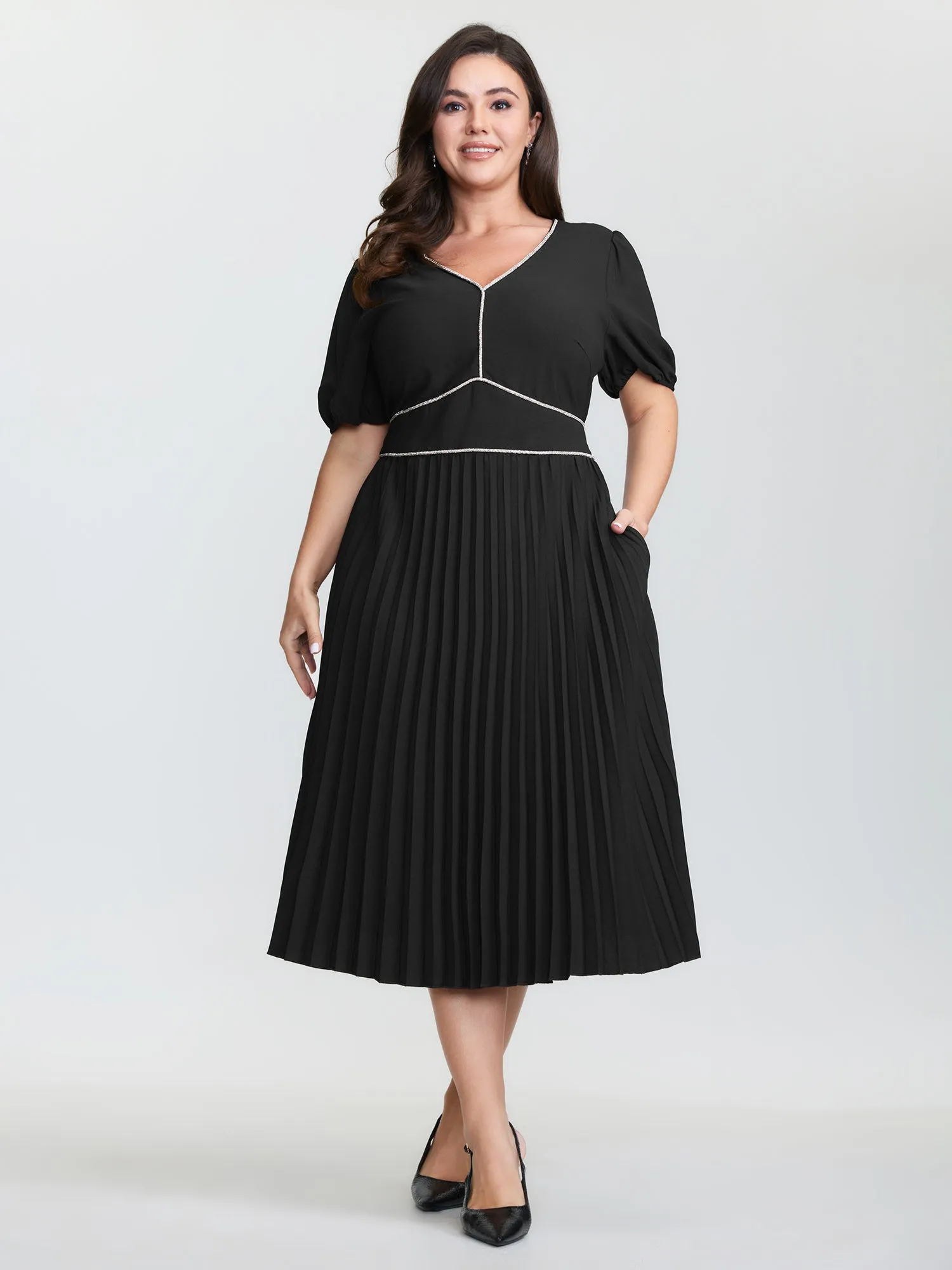 Rhinestone Trim Stitch Plicated Detail Midi Dress sold by Bloomchic product image thumbnail 3