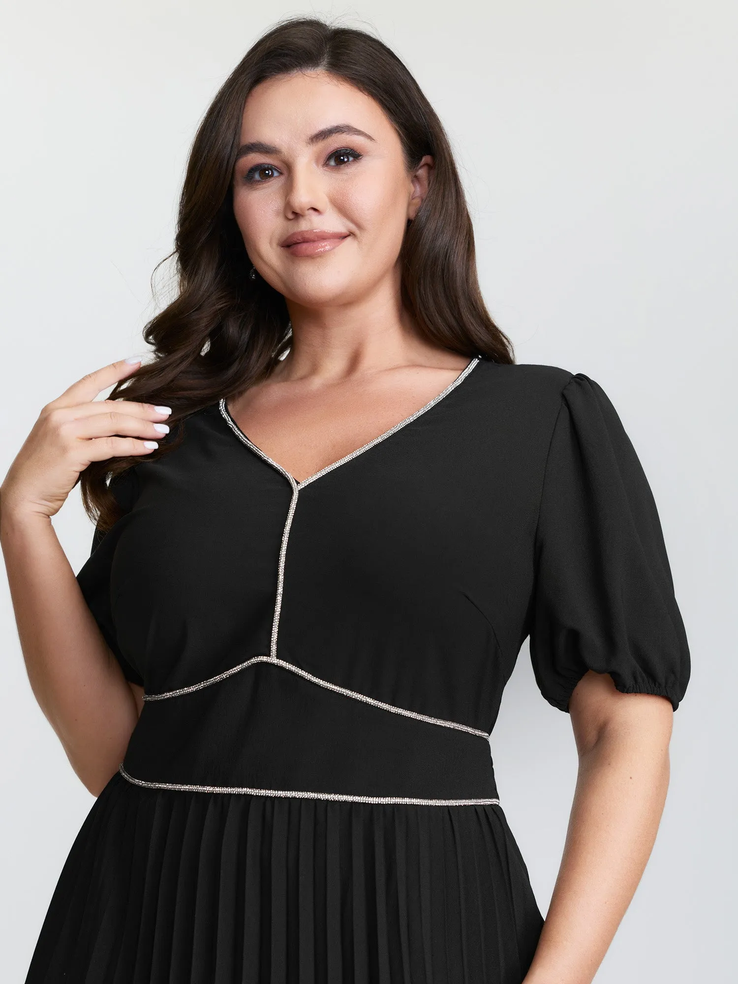 Rhinestone Trim Stitch Plicated Detail Midi Dress sold by Bloomchic product image thumbnail 2