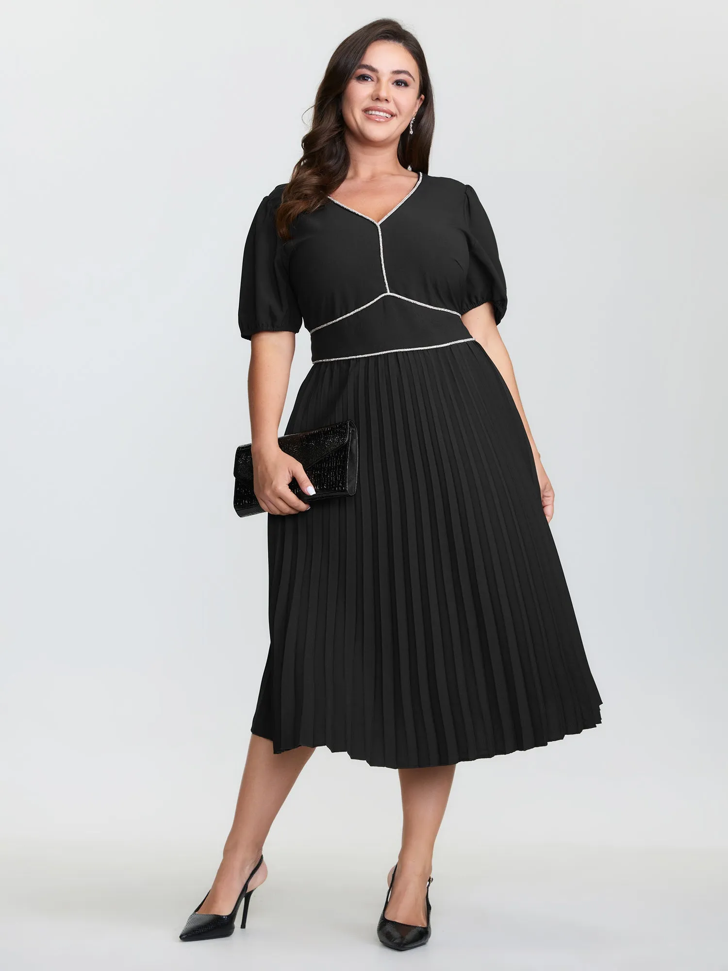 Rhinestone Trim Stitch Plicated Detail Midi Dress sold by Bloomchic