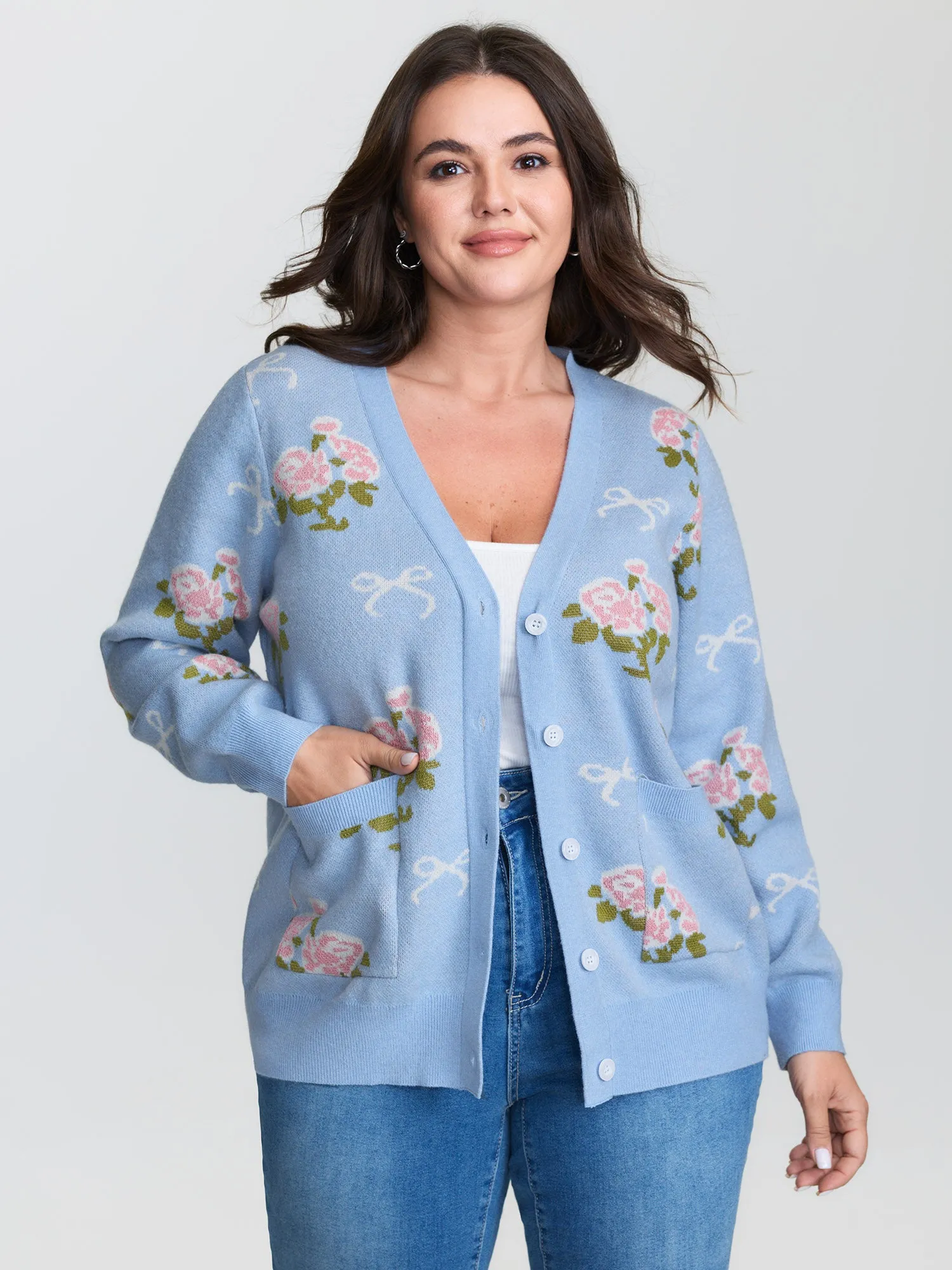 Beautiful Floral Bow Pattern Jacquard Knit Cardigan sold by Bloomchic product image thumbnail 2