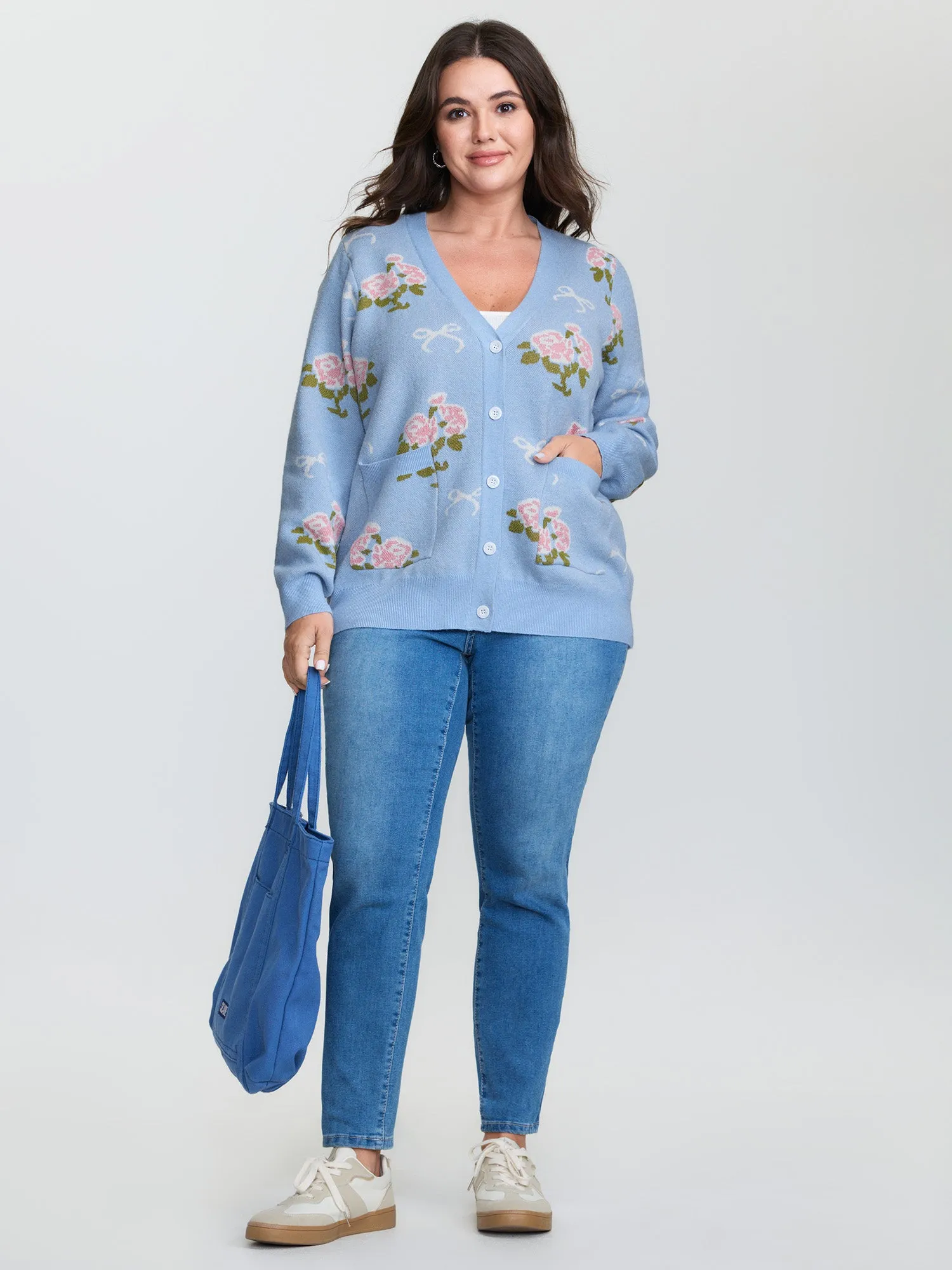 Beautiful Floral Bow Pattern Jacquard Knit Cardigan sold by Bloomchic product image thumbnail 3