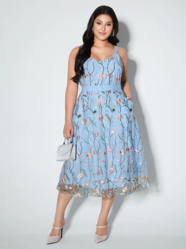 Floral Embroidered Lined Sleeveless Midi Dress sold by Bloomchic