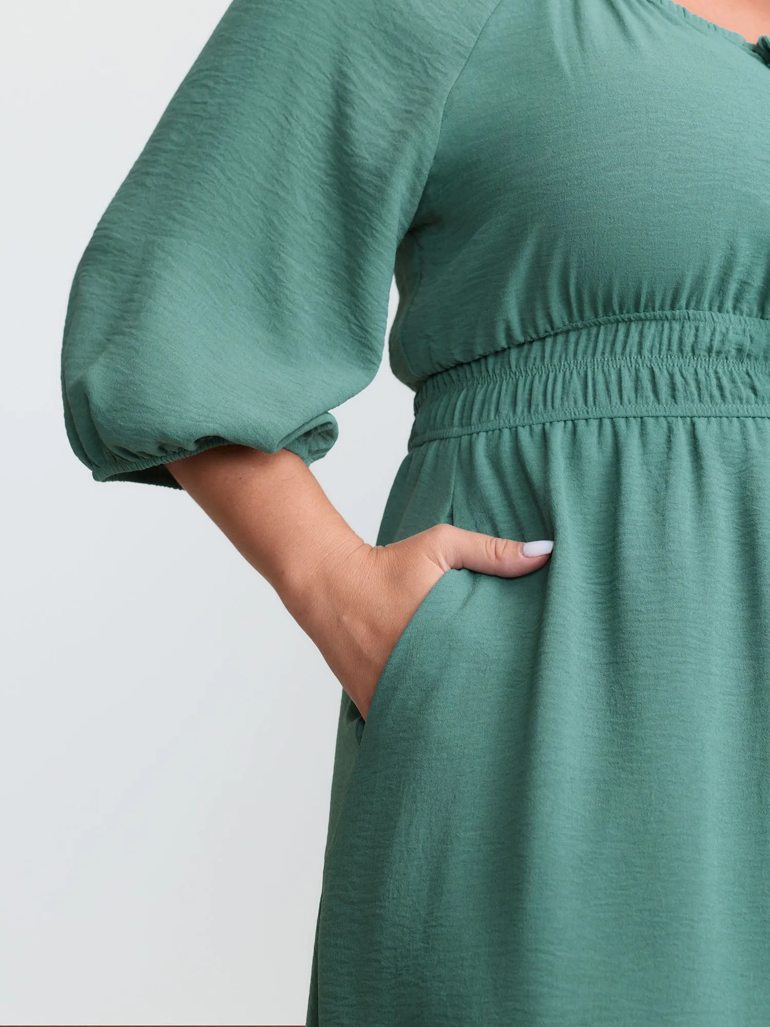 Shirred Waist Drawstring Neckline Midi Dress sold by Bloomchic product image thumbnail 4