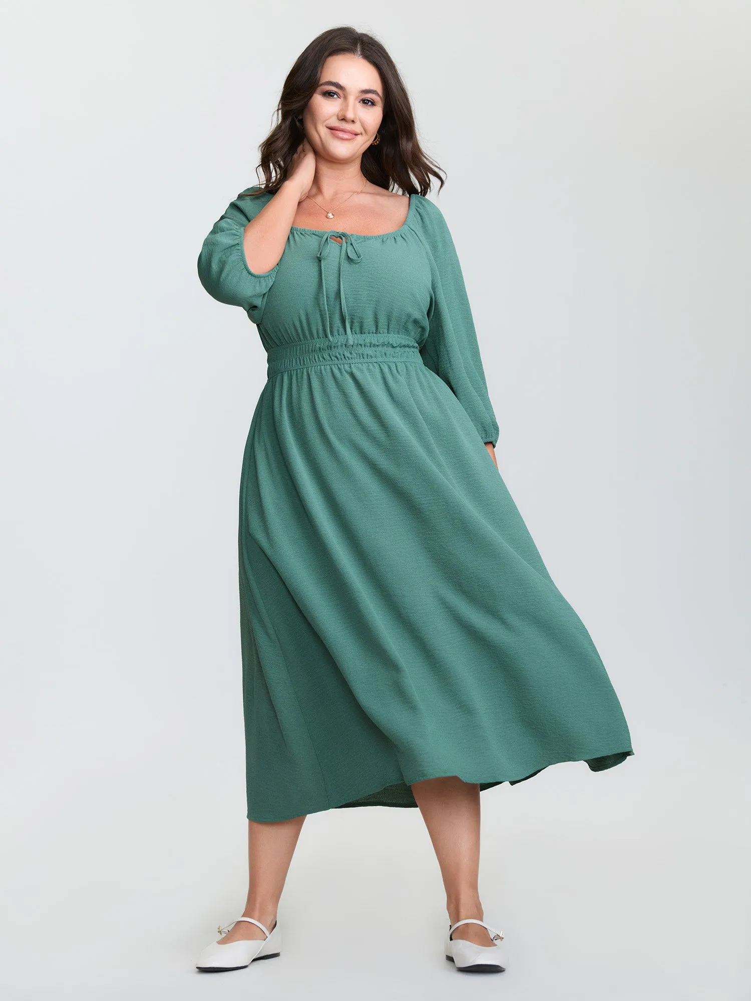 Shirred Waist Drawstring Neckline Midi Dress sold by Bloomchic product image thumbnail 3