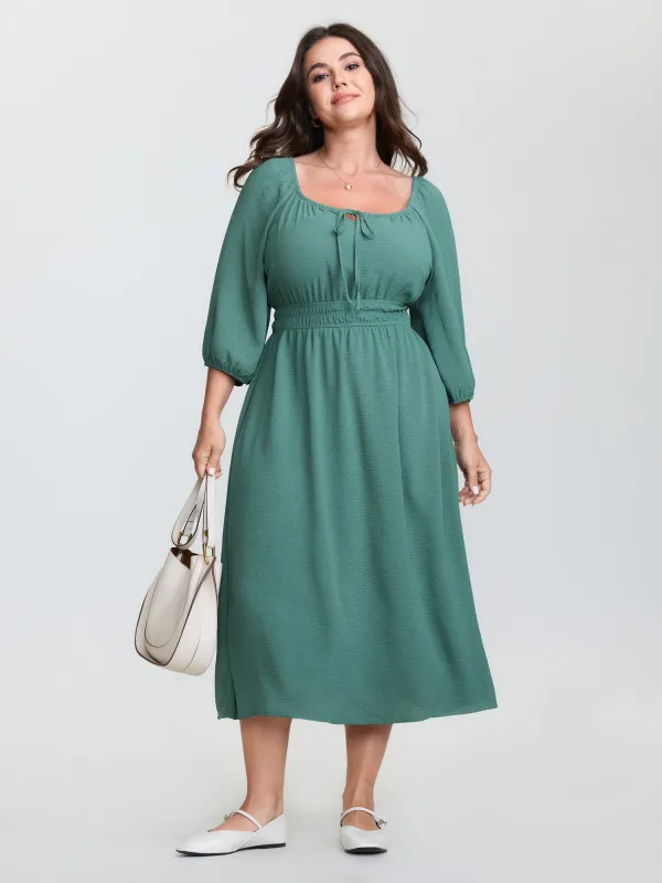 Shirred Waist Drawstring Neckline Midi Dress sold by Bloomchic