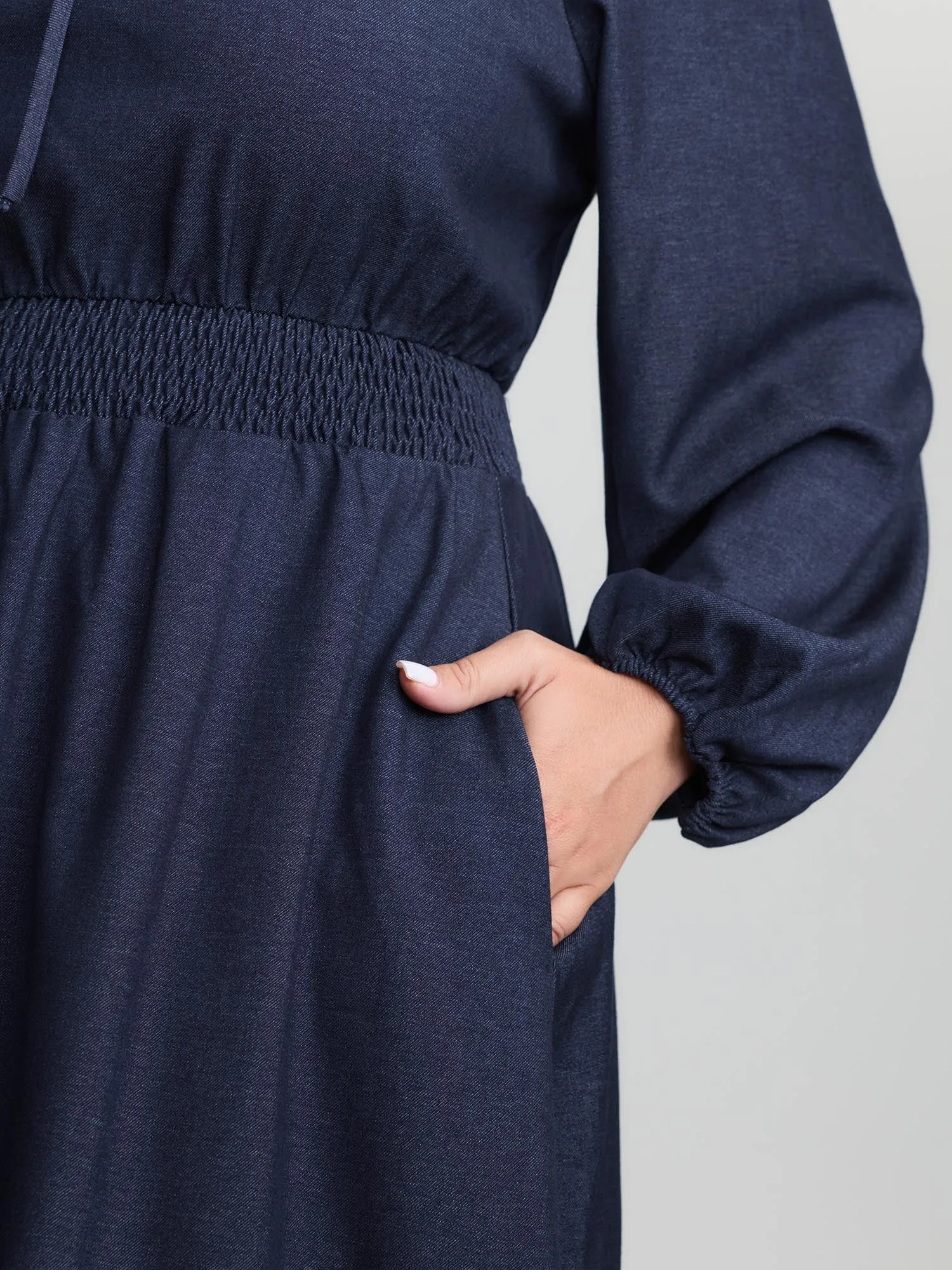 Ruffled Neckline Shirred Waist Pocket Maxi Dress sold by Bloomchic product image thumbnail 4