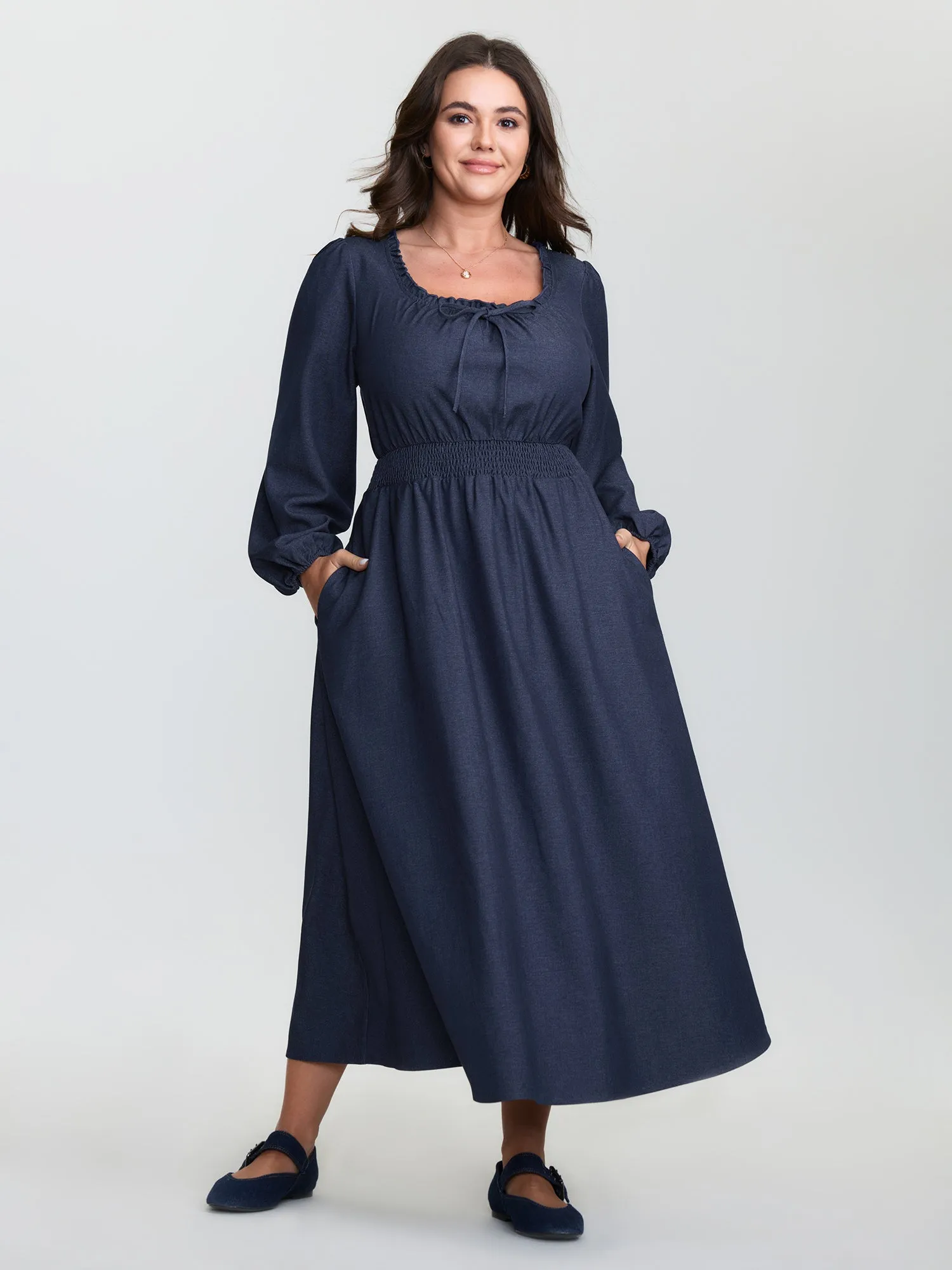 Ruffled Neckline Shirred Waist Pocket Maxi Dress sold by Bloomchic product image thumbnail 3